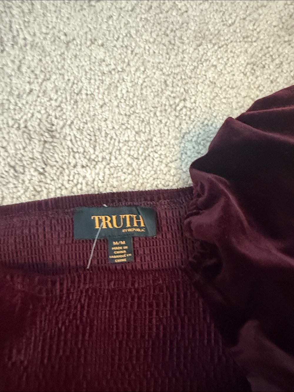 Velvet Puff-Sleeve Smocked Blouse - Deep Burgundy - Picture 2 of 2